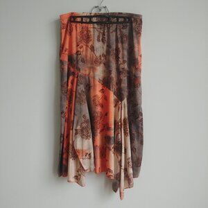 Asymmetrical hem orange brown cream gold stretch midi maxi skirt 14